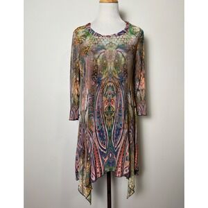 Womens Paisley Mesh Asymmetric Tunic Top M Boho Hippie Retro Festival Maximalist